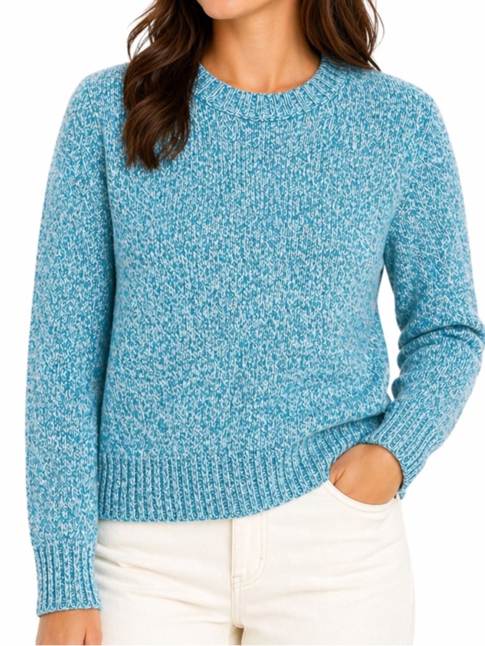 .L. Bean Sweater Womens L Petite Teal White Marled Pullover Cozy Cottage Cabin